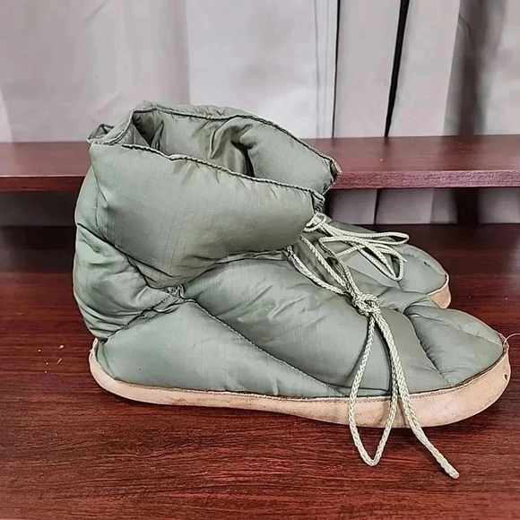 EDDIE BAUER vintage Goose Down Olive Camp Bootie Slippers Leather Soles. - Picture 6 of 12